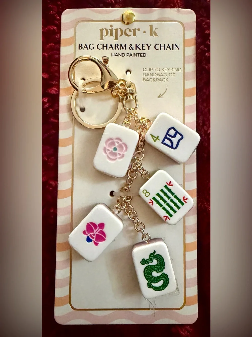 Mahjong Tile Charm Keychain - White Tiles with Floral, Dragon & Number Designs